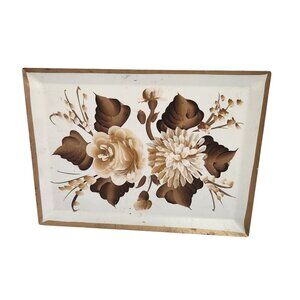 Hand-Painted Vintage Floral Tole Tray With Brown & Cream Flowers Rectangular Met